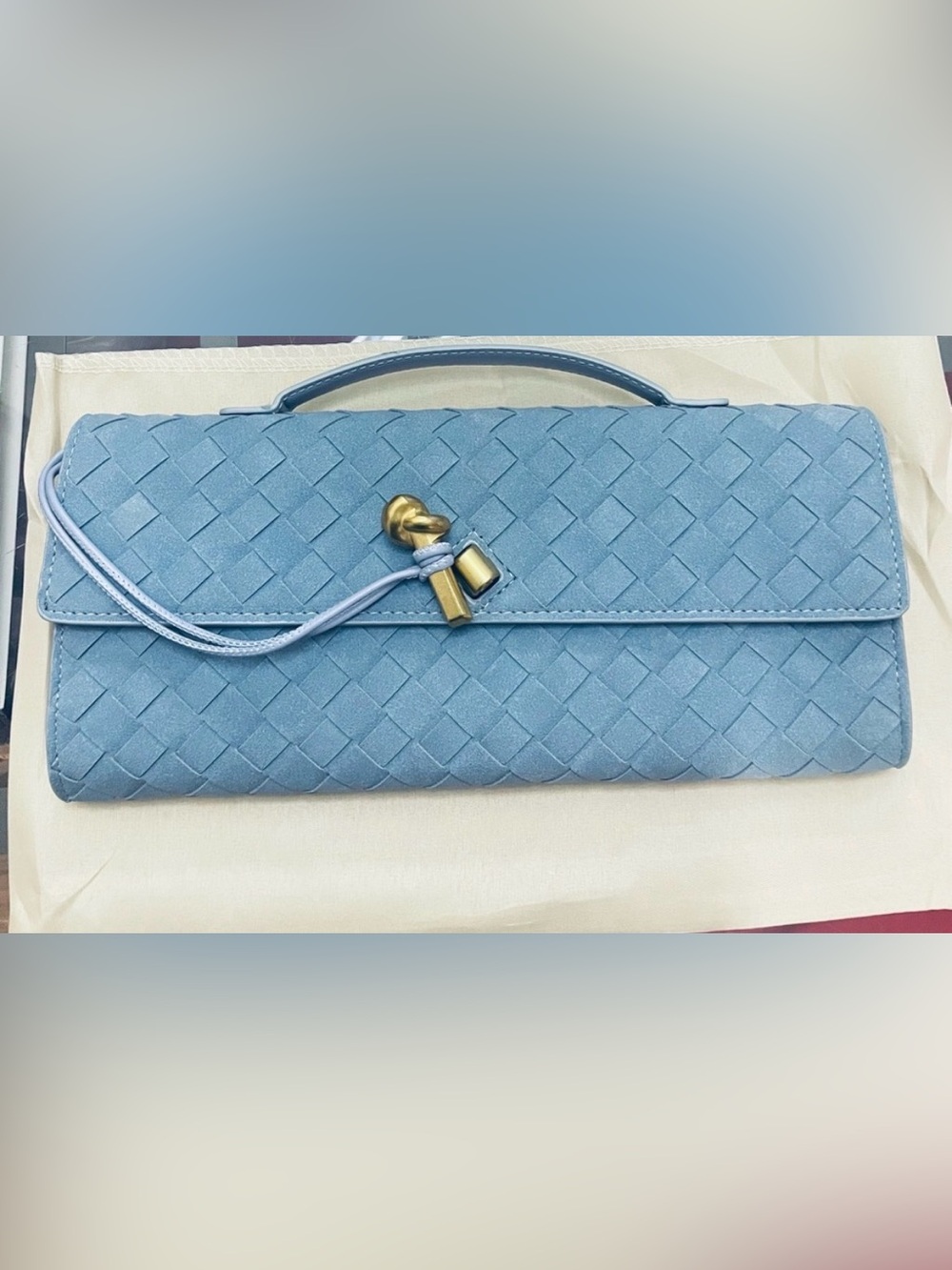 Bottega Veneta andiamo clutch metallic Gold or Denim blue suede